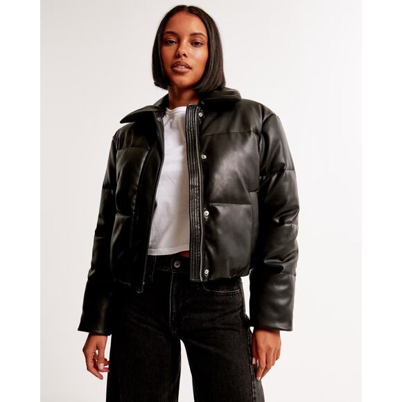 Abercrombie & Fitch XS Vegan Leather Short Puffer Jacket Black - Picture 1 of 9